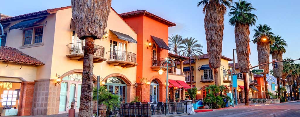 downtown Palm Springs business center at dusk.