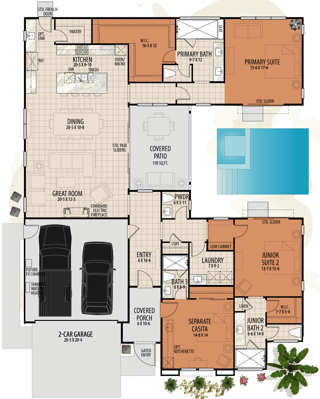 artist rendering of the floorplan for plan two with pool on lot 90.
